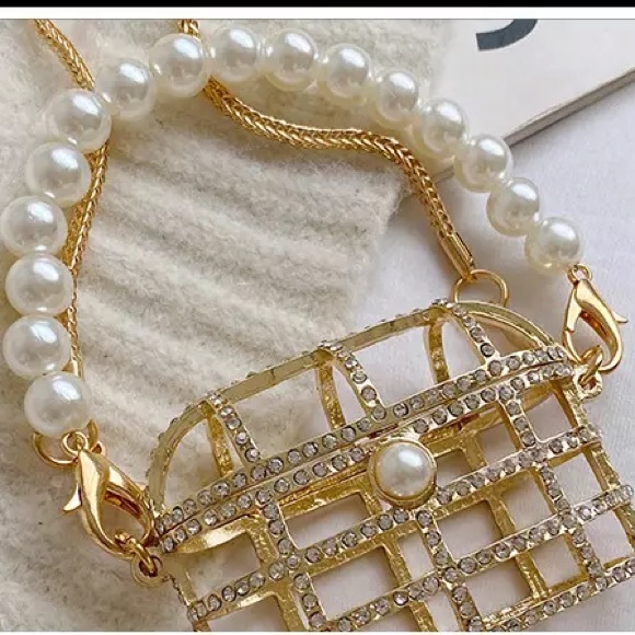 Rhinestone and pearl Metal cage airpod case micro mini purse - Picture 10 of 13